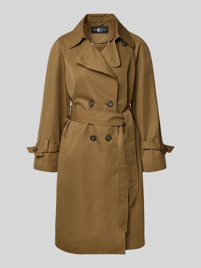 Produktfoto, Trenchcoat mit Reverskragen und Bindegürtel von Luisa Cerano, krój taliowany, kolor brązowy, tkanina gładka, pasek, guzik podwójny rząd, długość tyłu w rozmiarze 36: 97 cm, szerokość ramion w rozmiarze 36: 37 cm, szerokość w rozmiarze 36: 50 cm, długość rękawa w rozmiarze 36: 63 cm