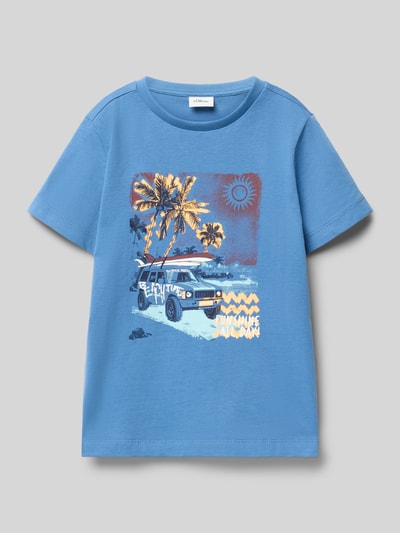 Produktfoto, Regular Fit T-Shirt aus reiner Baumwolle von s.Oliver RED LABEL, Kinder T-Shirt in Optik: Unifarben mit Motiv-Print, Rundhals, Kurzarm, Materialverarbeitung: Jersey, Farbe Hellblau, strukturierte Textur.