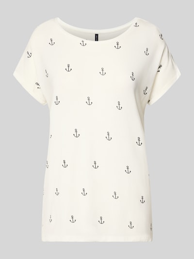 Produktfoto, Relaxed Fit T-Shirt aus Lyocell-Mix Modell 'AVA' von Vero Moda, Damen T-Shirt mit Optik:Allover-Muster, Allover-Print Anker, Rundhals, Kurzarm, Umschlag, glatte Textur, cremefarben