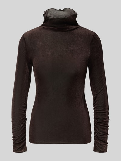 Produktfoto, Longsleeve mit Raffungen und Stehkragen von Luisa Cerano, dunkelbrauner Material-Mix mit Stretch, schmal geschnitten