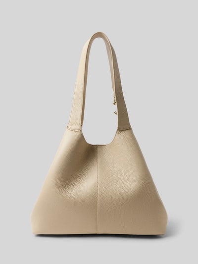 Produktfoto, Handtasche mit Tragehenkel von Coccinelle in Beige mit Hauptfach, Magnetverschluss, Label-Detail, Breite 34 cm, Länge 29 cm, Tiefe 14 cm, Schulterriemen 50 cm, feine Narbenstruktur und klare Linien