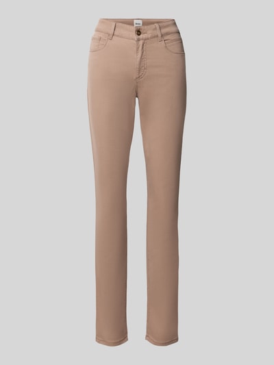 Produktfoto, helle beigefarbene schmale Hose mit klassischer Five-Pocket-Form, glatter Stoff, Slim Fit Schmale Hose aus Lyocell-Mix mit Modal-Baumwoll-Anteil Modell 'SHAKIRA' von Brax, Damen Schmale Hose