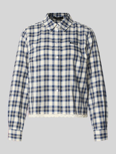Produktfoto, Regular Fit Hemdbluse aus reiner Baumwolle mit Spitzenbesatz von Oui, blauw-wit geruit, lange mouwen, logo-patch, shirtkraag, knoopsluiting, stof met zachte textuur, ruglengte 57 cm, mouwlengte 61 cm