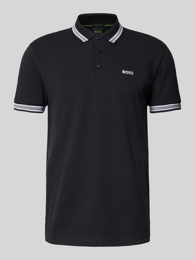 Produktfoto, Regular Fit Poloshirt mit Label-Stitching Modell 'Paddy' von BOSS aus reiner Baumwolle, Polokragen, kurze Knopfleiste, schwarze Farbe