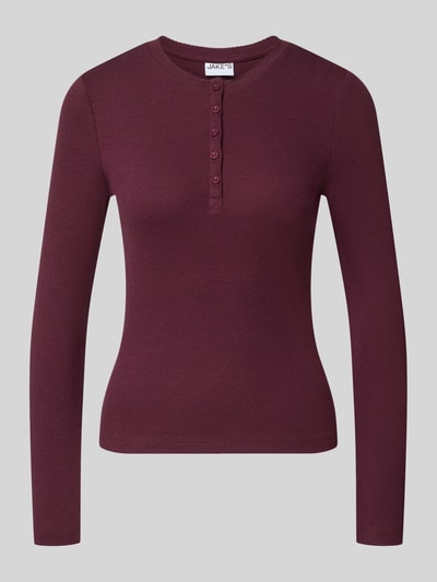 Produktfoto, bordeauxfarbenes Slim Fit Langarmshirt aus Baumwoll-Mix von Jake*s, glatte Struktur, Damen Langarmshirt von Jake*s Casual