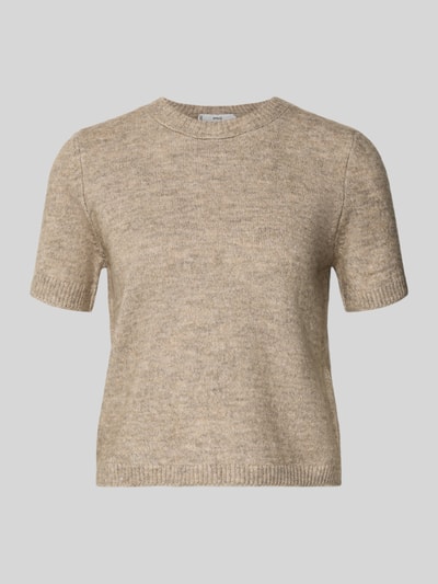 Produktfoto, Kurzarm Strickpullover mit gerippten Abschlüssen Modell 'NEKKA' von Mango aus Material-Mix mit Woll-Anteil in Beige, Regular-Fit, Rundhalsausschnitt, Damen, kurzärmelig, strukturierte Oberfläche