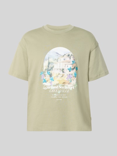 Produktfoto, T-Shirt mit Rundhalsausschnitt von Jack & Jones in Hellgrün, Herren T-Shirt aus Reine Baumwolle, Regular-Fit mit Print, Rückenlänge 70 cm bei Größe M.