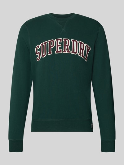 Produktfoto, Regular Fit Sweatshirt aus Baumwoll-Mix mit Logo-Stickerei von Superdry in Dunkelgrün, Rundhalsausschnitt, elastische Abschlüsse