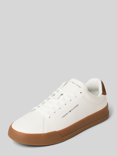 Produktfoto, Low Top Sneaker aus echtem Leder Modell 'TH COURT' von Tommy Hilfiger, Optik: Unifarben, Schuhspitze: Abgerundet, flache Absatzform, Label-Prägung, Logo-Applikation, Label Print, Kontrastdetails, Schnürung, strukturierte Sohle