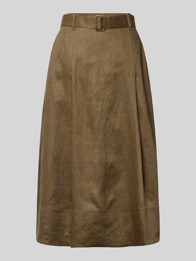 Produktfoto, Midi-Rock aus reinem Leinen von Tommy Hilfiger in Unifarbe Khaki mit Gürtelschlaufen, Bundfalten, Logo, seitliche Taschen