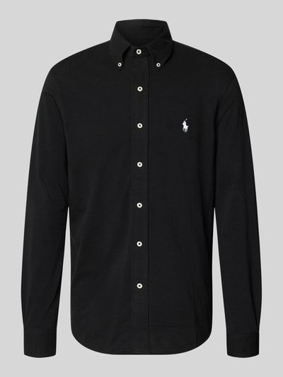 Produktfoto, Regular Fit Freizeithemd aus reiner Baumwolle von Polo Ralph Lauren in Schwarz mit Knopfleiste und heller Stickerei, Herren Freizeithemd