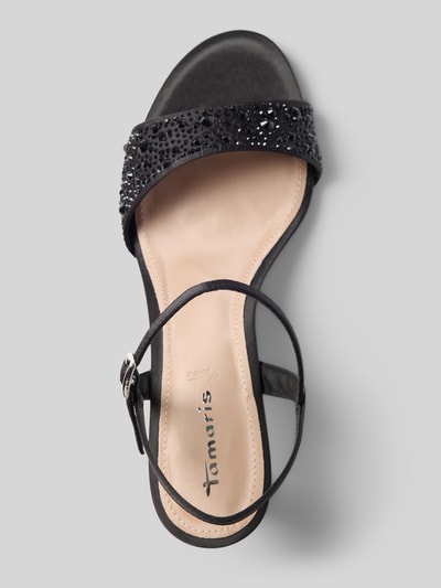 Produktfoto, Sandaletten mit Strassstein-Besatz von Tamaris, schwarze schimmernde Peep-Toe-Stiletto, strukturierte Sohle, Label-Schriftzug