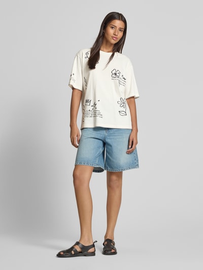 Jake*s Casual T-shirt z prążkowanym okrągłym dekoltem Złamany biały 1