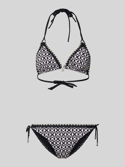 Produktfoto, Bikini mit Neckholder Modell 'BLUCOSTORA' von Banana Moon, czarno-biały wzór geometryczny, materiał z domieszką stretchu, dopasowany krój, detale z logo, wiązanie na szyi i z tyłu, damski bikini
