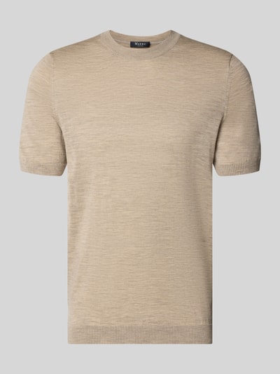 Produktfoto, gebreid shirt met ronde hals, slim fit, ribboordjes, labeldetail, ruglengte maat 50: 66 cm, Strickshirt mit Rundhalsausschnitt van MAERZ Muenchen, effen beige, fijne structuur
