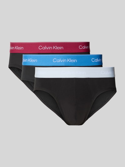 Produktfoto, drei schwarze Slip aus Baumwoll-Mix im 3er-Pack Modell 'HIP BRIEF' von Calvin Klein Underwear mit verschiedenfarbigen Bündchen.