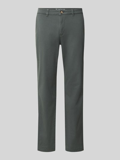 Produktfoto, Straight Fit Chino aus Baumwoll-Mix von Tom Tailor in dunklem Grün mit glatter Oberfläche und klassischer Passform.