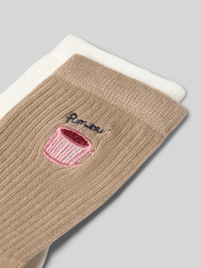 Produktfoto, Socken mit Motiv-Stitching von Jake*s Casual in Beige und Weiß, elastischer Baumwoll-Mix, Cupcake-Stickerei, Logo-Detail