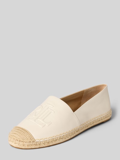 Produktfoto, Espadrilles mit Logo Detail Modell 'CAMERYN LG 2' von Lauren Ralph Lauren in Melange-Optik mit runder Schuhspitze, flacher Absatzform, Logo-Applikation, Schlupf/offen, leicht strukturierter Sohle und Glattleder-Materialverarbeitung.
