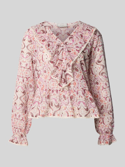 Produktfoto, Regular Fit Bluse mit Allover-Paisley-Print Modell 'Ajda' von Neo Noir aus Reiner Baumwolle, mehrfarbige Muster, strukturierte Oberfläche, Langärmeliges Design, Rückenlänge 53 cm, Ärmellänge 63 cm, Damen Bluse.
