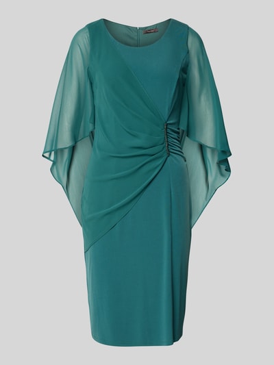 Produktfoto, Knielanges Cocktailkleid mit Rundhalsausschnitt von Vera Mont, kolor turkusowy, elastyczny materiał, ozdoba ze strassem, długość do kolan, krój dopasowany, rękawy z szyfonu, tylny zamek, szerokość w rozmiarze 36: 108 cm, długość pleców: 98 cm, długość rękawa: 48 cm.