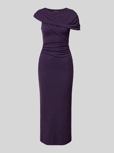 Produktfoto, fioletowa sukienka midi z drapowaniami, dopasowany krój, model 'Kori Draped' od Forever New, długość 137 cm, szerokość w rozmiarze 36: 42 cm, długość rękawa 23 cm