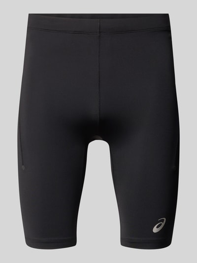 Produktfoto, Slim Fit Shorts mit Logo-Print von ASICS in Schwarz, glatte Jersey-Textur, elastischer Bund, Ziernaht, Logo vorne, Herren Shorts