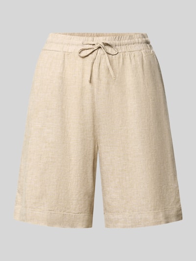 Produktfoto, Leinenshorts mit elastischem Bund Modell 'Lava' von FREE/QUENT aus Leinen-Mix mit Viskose-Anteil, Loose-Fit, Kordelzug und französischen Eingrifftaschen, Bundweite 39 cm, Innenbeinlänge 50 cm, beigefarbene Struktur.