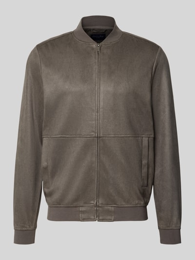 Produktfoto, Regular Fit Bomberjacke mit Stehkragen von Christian Berg Men in Braun mit elastischen Abschlüssen und Eingrifftaschen, matter Stoff, glatte Struktur