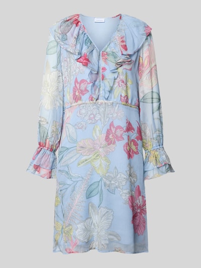 Produktfoto, Knielanges Kleid mit V-Ausschnitt und Volants von comma aus Chiffon, Allover-Blumenmuster in Pastellfarben, gerader Schnitt