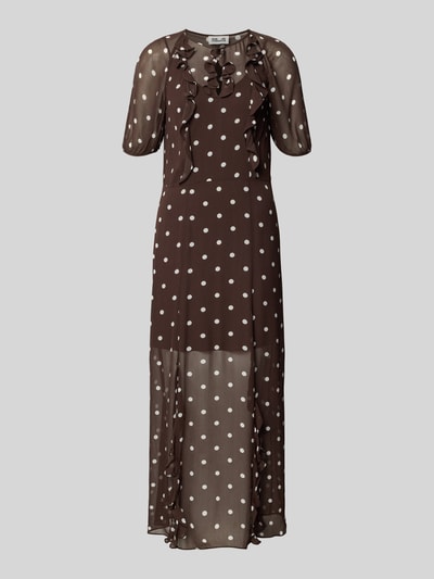 Produktfoto, Regular Fit Maxikleid mit Rüschenbesatz von BAUM & PFERDGARTEN, braun mit weißen Punkten, semitransparent, Halbarm, Schlüsselloch-Ausschnitt, 133 cm lang bei Größe 36, strukturierte Oberfläche.