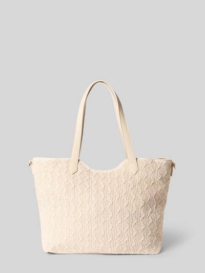 Produktfoto, cremefarbene Handtasche mit Anhänger Modell 'COURMAYEUR' von VALENTINO BAGS, grobe Struktur, Magnetverschluss, Label-Detail, Hauptfach, Innen Reißverschlusstasche, kurze Tragegriffe, verstellbarer Schultergurt mit Label-Details, Maße: 45 cm Breite, 31 cm Länge, 15 cm Tiefe, Schulterriemen 63 cm