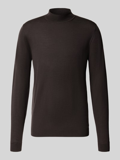 Produktfoto, Strickpullover aus Schurwolle mit Stehkragen von ROY ROBSON, Zuivere scheerwol, slim fit, opstaande kraag, labeldetail, ruglengte maat M 73 cm, mouwlengte maat M 73 cm, donkerbruin, gladde textuur, rechte vormen