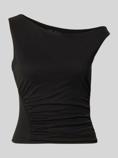 Produktfoto, zwart slim fit dames top van Viscosemix met stretch, off-shoulder-look met plooien, Model 'SHIRRING ILIANA' van GUESS, ruglengte bij maat S 44 cm