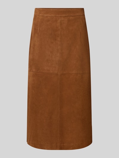 Produktfoto, Midirock in Leder-Optik Modell 'Marmo' von Marella in Braun, gerade Passform, Gehschlitz, glatte Textur, Damen Midirock, Bundweite 40 cm, Gesamtlänge 80 cm