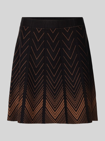 Produktfoto, Strickrock im Allover-Look mit elastischem Bund von Apricot, Viskose-Mix, A-Linie, Minirock in Braun und Schwarz, geometrisches Muster, Bundweite bei Größe S 38 cm, Gesamtlänge 47 cm