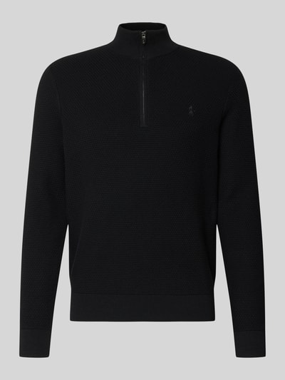 Produktfoto, Regular Fit Troyer aus Baumwoll-Mix mit Logo-Stitching von Polo Ralph Lauren in schwarzer Strickoptik, kurzer Reißverschluss.
