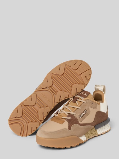 Produktfoto, Sneaker aus Leder-Mix Modell 'Field' von Replay in Beige- und Brauntönen mit Logo-Detail und profilierter Sohle, Herren, Schnürverschluss, abgerundete Passform, Absatzhöhe 4 cm, Schafthöhe 9 cm, Schaftweite 7 cm.