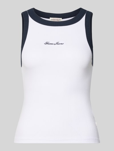 Productfoto, Tanktop in ribstructuur met label-stitching van Guess Jeans, dames tanktop van katoenmix met modal, slim fit, wit met donkerblauwe details