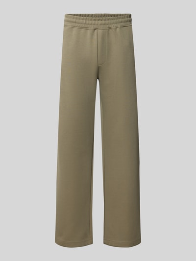 Produktfoto, Straight Fit Sweatpants mit elastischem Bund von JACK & JONES in Beige, glatte Oberfläche, sichtbarer Gummibund, Material-Mix mit Baumwoll-Anteil, seitliche Eingrifftaschen, Innenbeinlänge 76 cm bei Größe M.