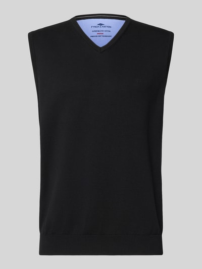 Produktfoto, Regular Fit Pullunder aus reiner Baumwolle mit Logo-Stickerei von Fynch-Hatton, schwarz, V-Ausschnitt, gerippte Bündchen