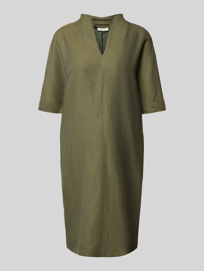 ETERNA Sukienka o długości do kolan z mieszanki bawełny i lnu ze spiczastym dekoltem ze stójką Khaki 2