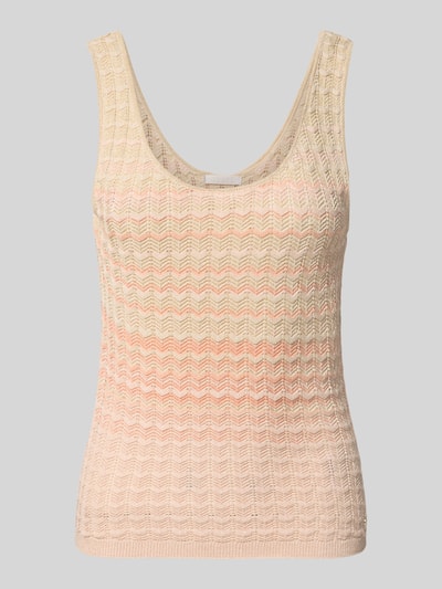 Produktfoto, Stricktop aus Viskose-Mix mit Rundhalsausschnitt Modell 'ROSALYN' von Guess, beżowe i różowe odcienie, dzianinowa tekstura, krój slim fit, długość tyłu w rozmiarze S: 41 cm