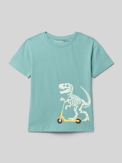 Productfoto, T-Shirt met ronde hals en motiefprint van Blue Seven, zuiver katoen, rechte fit, turquoise met dino en step, kindermode.