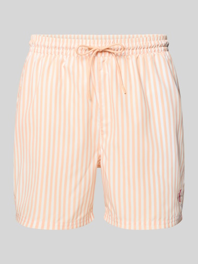 Produktfoto, Regular Fit Shorts mit Logo-Print von Calvin Klein Underwear, vertikale Streifen in Beige und Weiß, elastischer Bund mit Tunnelzug, integrierter Slip
