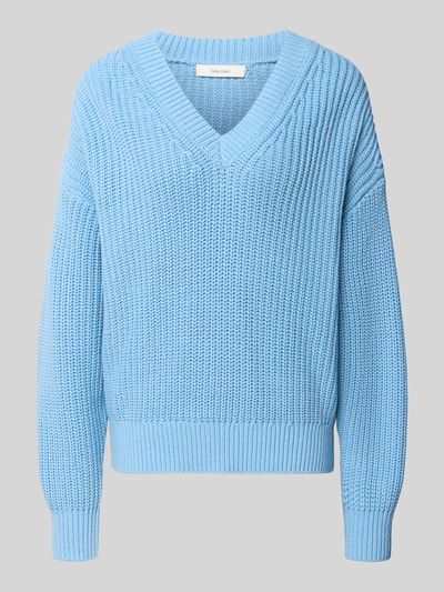 Produktfoto, hellblauer Regular Fit Pullover aus Baumwoll-Mix Modell 'SELMA' von Selected, grobe Strickstruktur, Damen Pullover