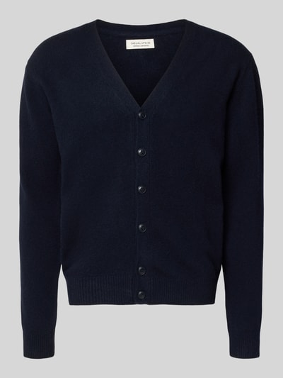 Productfoto, donkerblauwe Strickjacke mit Knopfleiste Modell 'KARL' van Casual Friday, katoenmengsel, Slim Fit, geribde boorden, V-hals