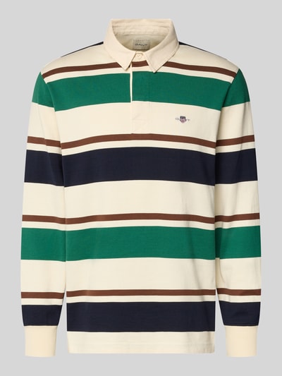 Produktfoto, Bluza z kołnierzykiem polo i wyhaftowanym logo Sweatshirt mit Polokragen und Label-Stitching von Gant, bawełna, krój regular fit, zielone, granatowe, kremowe i brązowe pasy, ukryta listwa guzikowa, długość tyłu 76 cm, długość rękawów 65 cm.