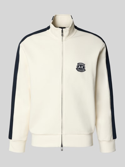 Produktfoto, Sweatjacke mit Zweiwege-Reißverschluss Modell 'FELPA' von ARMANI EXCHANGE, bawełniana mieszanka z domieszką stretchu, krój regular fit, label-stitching, stójka, długość tyłu w rozmiarze M: 67 cm, długość rękawa w rozmiarze M: 61 cm, kremowa z czarnymi paskami, gładka tekstura
