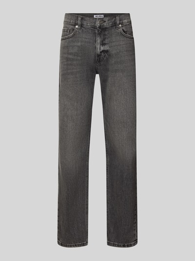 Produktfoto, Straight Fit Jeans aus elastischem Baumwoll-Mix von REVIEW in Dunkelgrau, 5-Pocket-Design, sichtbare Struktur, Frontansicht